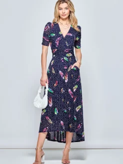 Jolie Moi Occasion Dresses|Mesh Dresses-Ressie Dip Hem Maxi Dress, Navy Feather