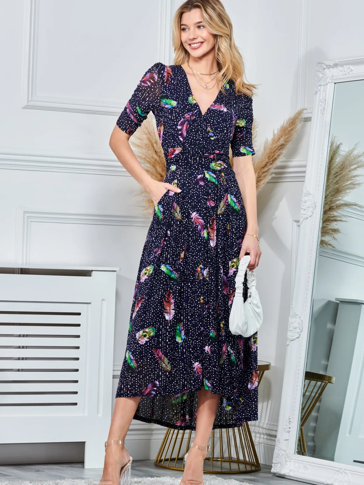 Jolie Moi Occasion Dresses|Mesh Dresses-Ressie Dip Hem Maxi Dress, Navy Feather
