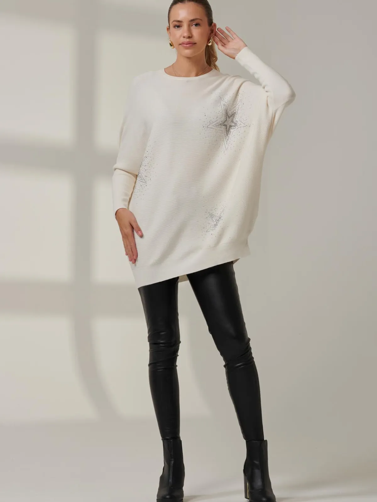 Jolie Moi Knitted Jumpers-Rhinestone Sparkle Star Knit Jumper, Oatmeal
