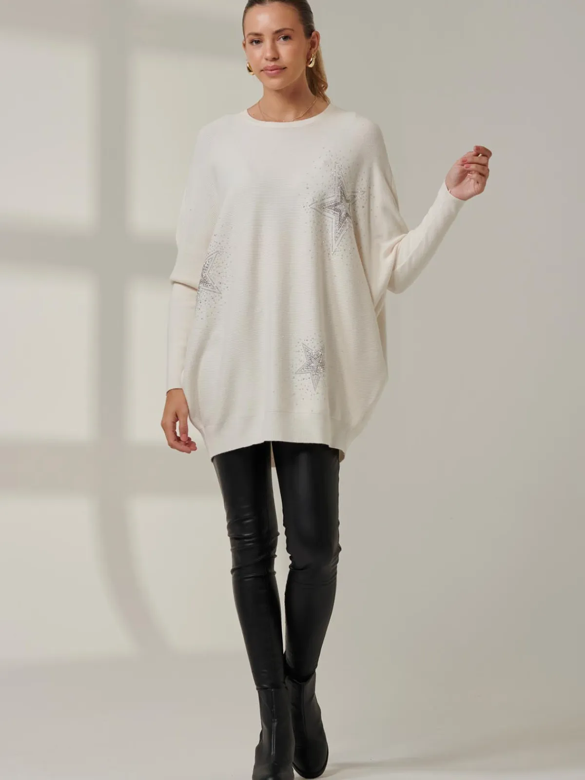 Jolie Moi Knitted Jumpers-Rhinestone Sparkle Star Knit Jumper, Oatmeal