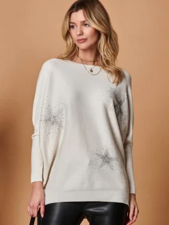 Jolie Moi Knitted Jumpers-Rhinestone Sparkle Star Knit Jumper, Oatmeal