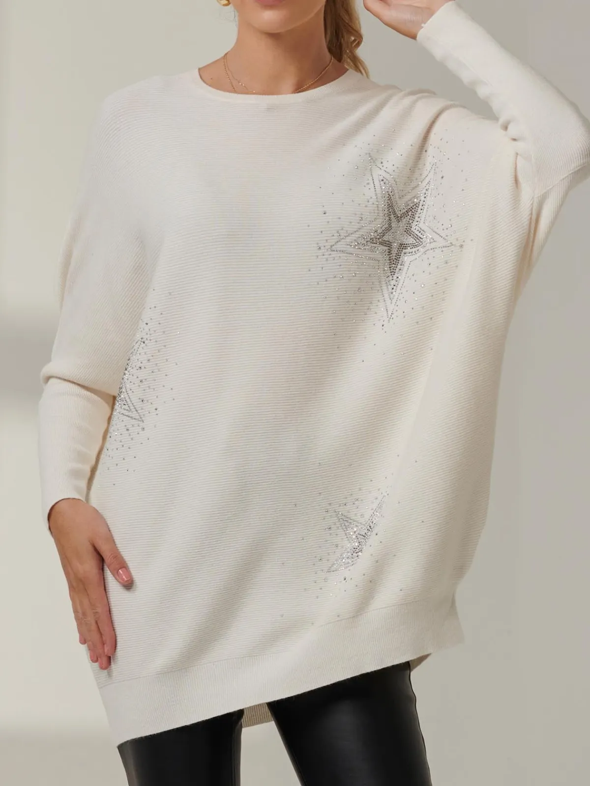 Jolie Moi Knitted Jumpers-Rhinestone Sparkle Star Knit Jumper, Oatmeal