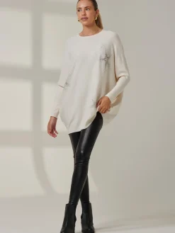 Jolie Moi Knitted Jumpers-Rhinestone Sparkle Star Knit Jumper, Oatmeal
