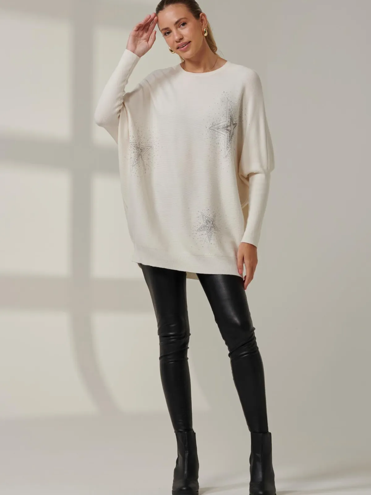 Jolie Moi Knitted Jumpers-Rhinestone Sparkle Star Knit Jumper, Oatmeal