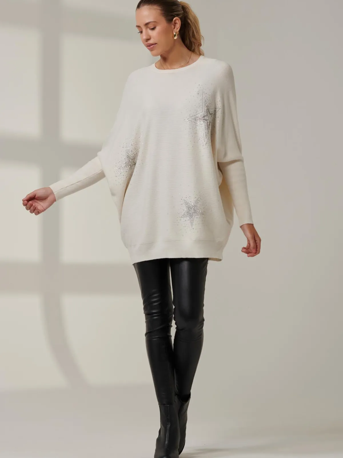 Jolie Moi Knitted Jumpers-Rhinestone Sparkle Star Knit Jumper, Oatmeal