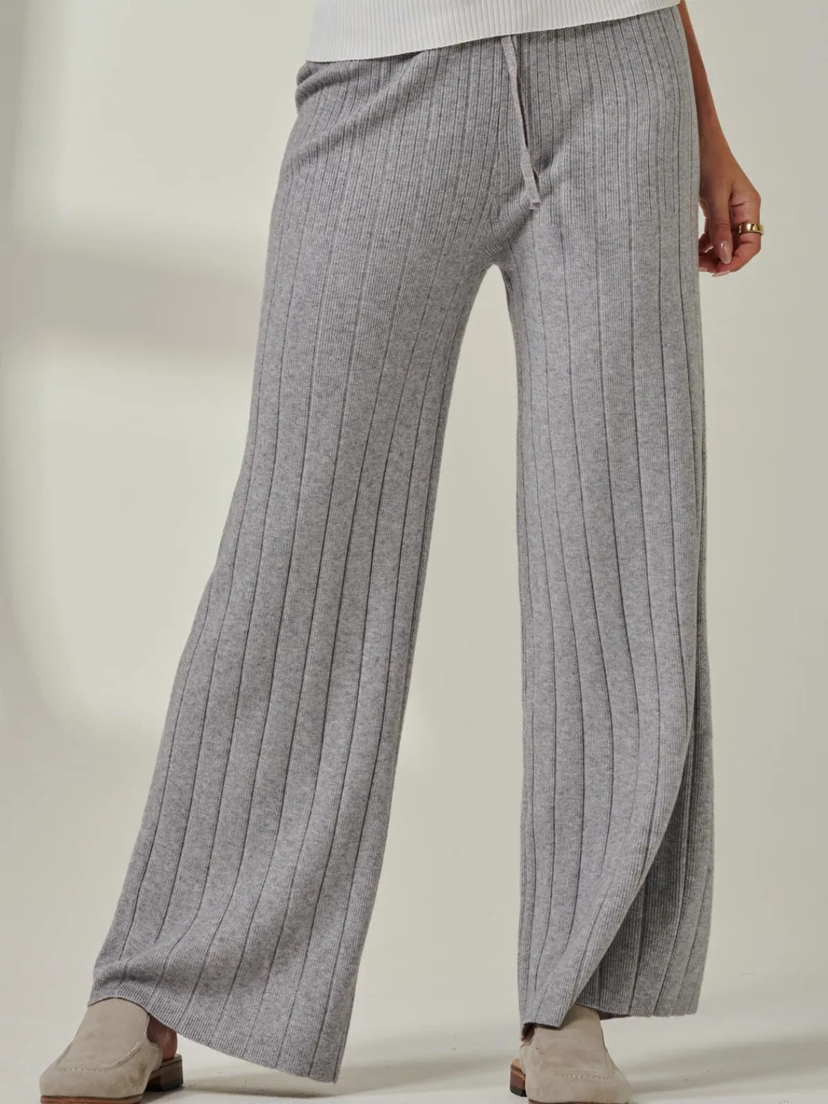 Jolie Moi Co-Ords|Weekend Casuals-Ribbed Knit Wide Leg Trousers, Dove Heather