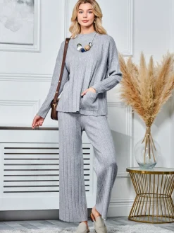 Jolie Moi Co-Ords|Weekend Casuals-Ribbed Knit Wide Leg Trousers, Dove Heather