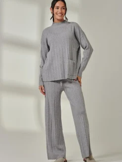 Jolie Moi Co-Ords|Weekend Casuals-Ribbed Knit Wide Leg Trousers, Dove Heather