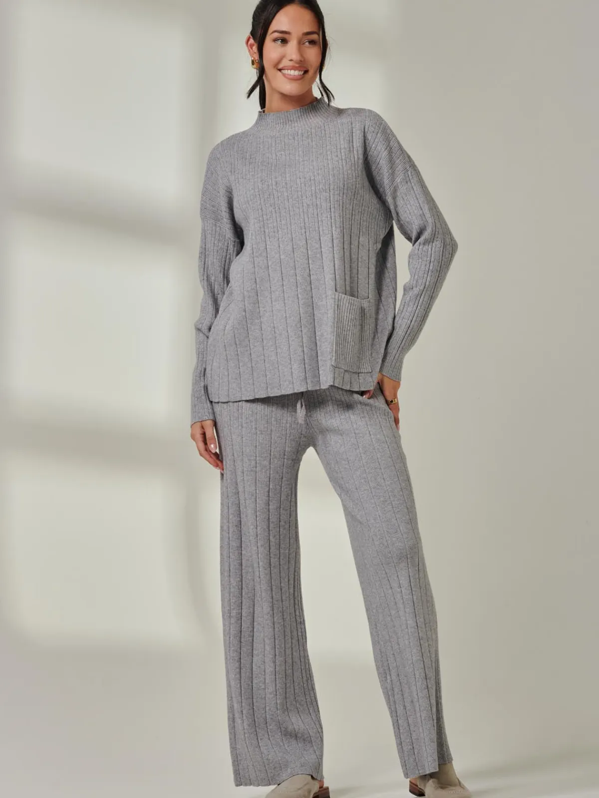 Jolie Moi Co-Ords|Weekend Casuals-Ribbed Knit Wide Leg Trousers, Dove Heather