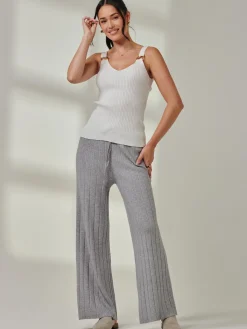 Jolie Moi Co-Ords|Weekend Casuals-Ribbed Knit Wide Leg Trousers, Dove Heather