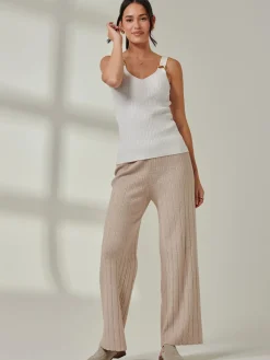 Jolie Moi Co-Ords|Weekend Casuals-Ribbed Knit Wide Leg Trousers, Mink Heather