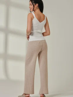 Jolie Moi Co-Ords|Weekend Casuals-Ribbed Knit Wide Leg Trousers, Mink Heather