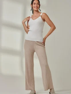Jolie Moi Co-Ords|Weekend Casuals-Ribbed Knit Wide Leg Trousers, Mink Heather
