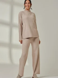 Jolie Moi Co-Ords|Weekend Casuals-Ribbed Knit Wide Leg Trousers, Mink Heather