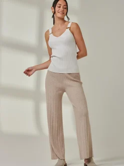 Jolie Moi Co-Ords|Weekend Casuals-Ribbed Knit Wide Leg Trousers, Mink Heather