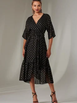 Jolie Moi Occasion Dresses|Little Black Dresses-Rita Ruffle Hem Chiffon Midi Dress, Black/Gold
