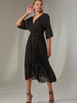 Jolie Moi Occasion Dresses|Little Black Dresses-Rita Ruffle Hem Chiffon Midi Dress, Black/Gold