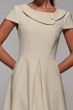 Jolie Moi Occasion Dresses|Office Dresses-Roll Collar Cap Sleeve Midi Dress, Beige