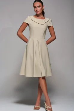 Jolie Moi Occasion Dresses|Office Dresses-Roll Collar Cap Sleeve Midi Dress, Beige