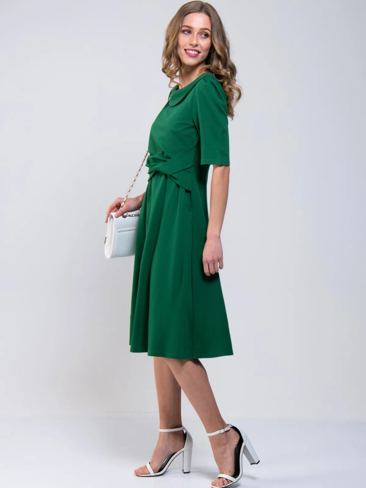 Jolie Moi Occasion Dresses|Office Wear-Roll Collar 50s Dress, Green