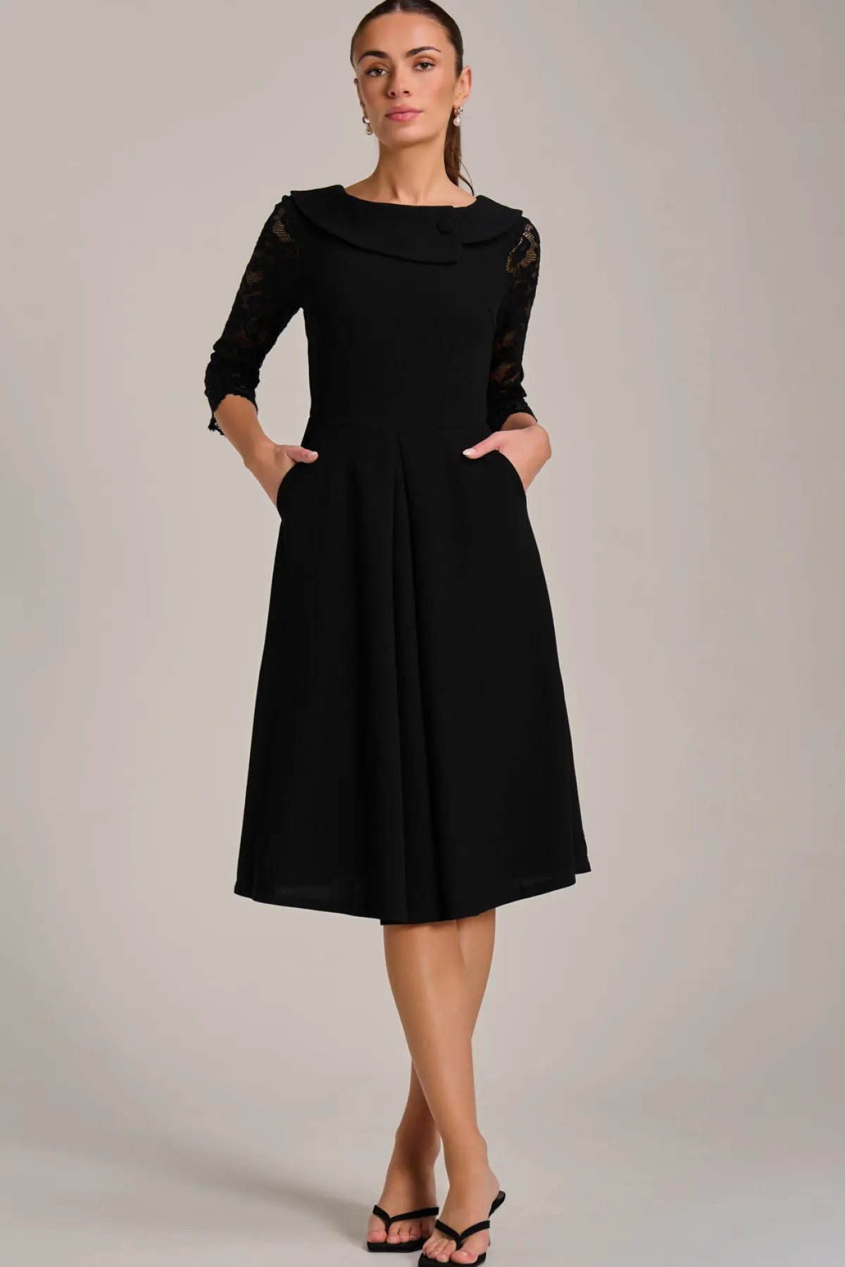 Jolie Moi Occasion Dresses|Office Dresses-Roll Neck Lace Sleeve Fit & Flare Midi Dress, Black