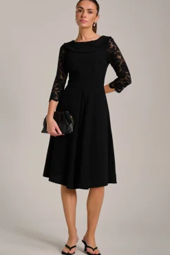Jolie Moi Occasion Dresses|Office Dresses-Roll Neck Lace Sleeve Fit & Flare Midi Dress, Black