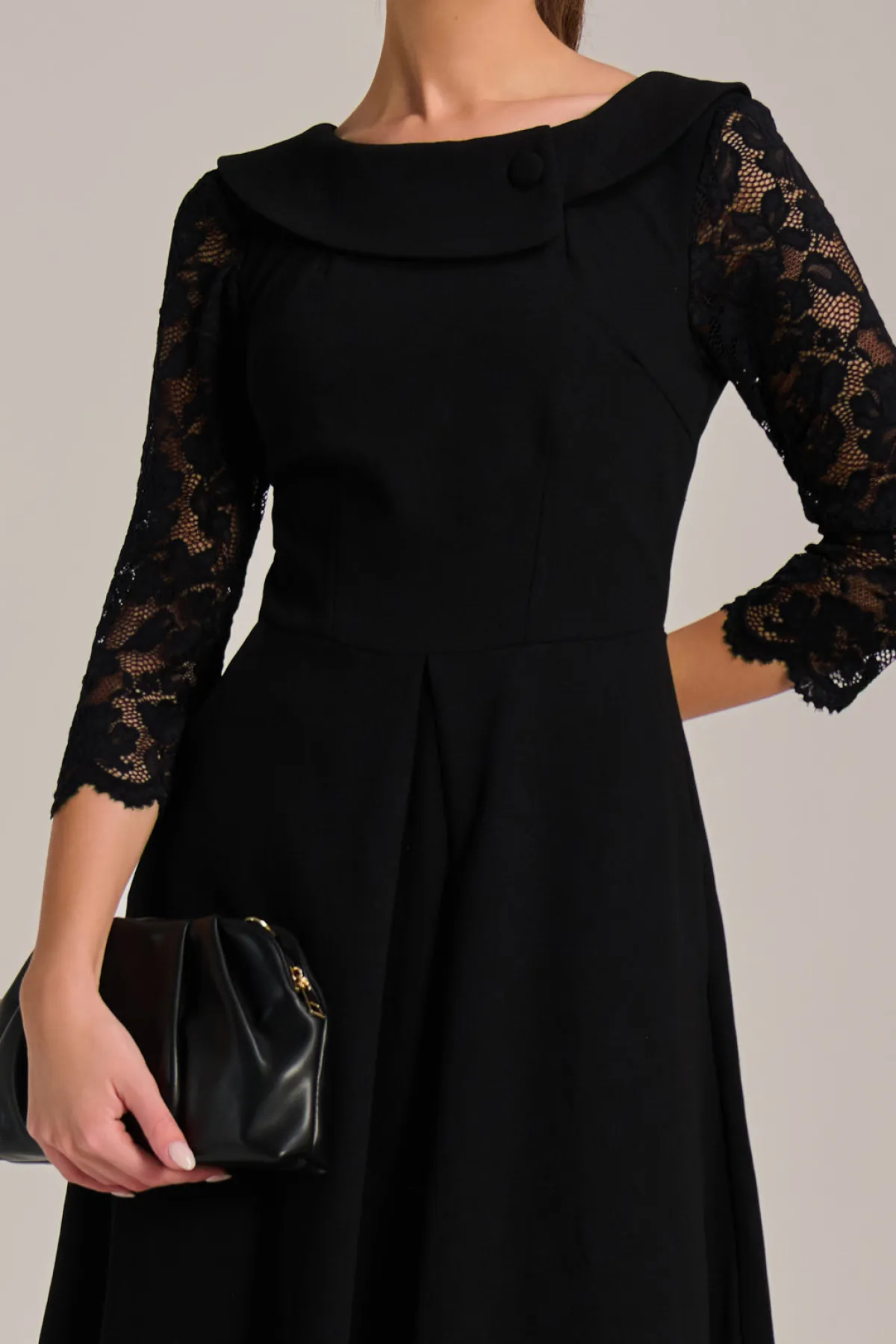 Jolie Moi Occasion Dresses|Office Dresses-Roll Neck Lace Sleeve Fit & Flare Midi Dress, Black