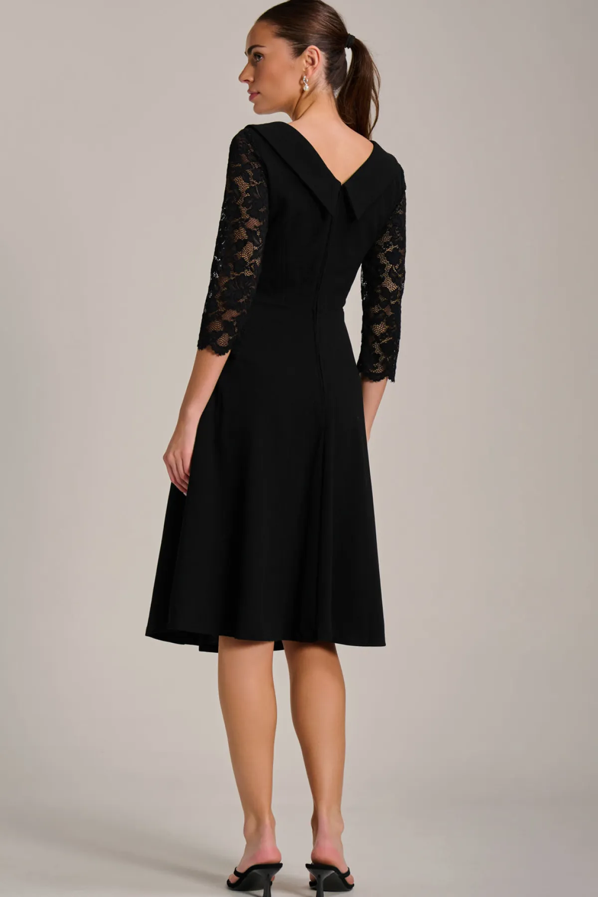 Jolie Moi Occasion Dresses|Office Dresses-Roll Neck Lace Sleeve Fit & Flare Midi Dress, Black