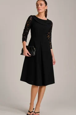 Jolie Moi Occasion Dresses|Office Dresses-Roll Neck Lace Sleeve Fit & Flare Midi Dress, Black