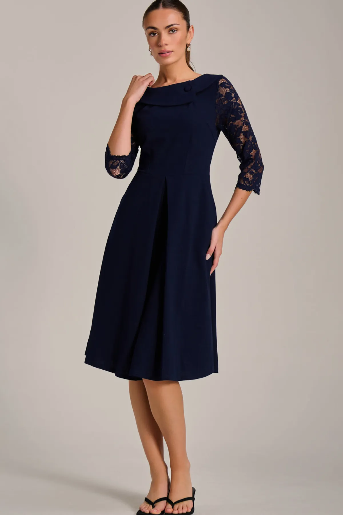 Jolie Moi Occasion Dresses|Office Dresses-Roll Neck Lace Sleeve Fit & Flare Midi Dress, Navy