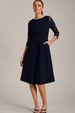 Jolie Moi Occasion Dresses|Office Dresses-Roll Neck Lace Sleeve Fit & Flare Midi Dress, Navy