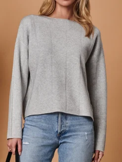 Jolie Moi Tops|Co-Ords-Round Neck Vertical Line Knit Top, Dove Heather