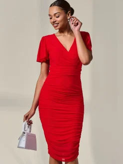 Jolie Moi Occasion Dresses|Party Dresses-Ruched Mesh Bodycon Dress, Red