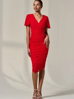 Jolie Moi Occasion Dresses|Party Dresses-Ruched Mesh Bodycon Dress, Red