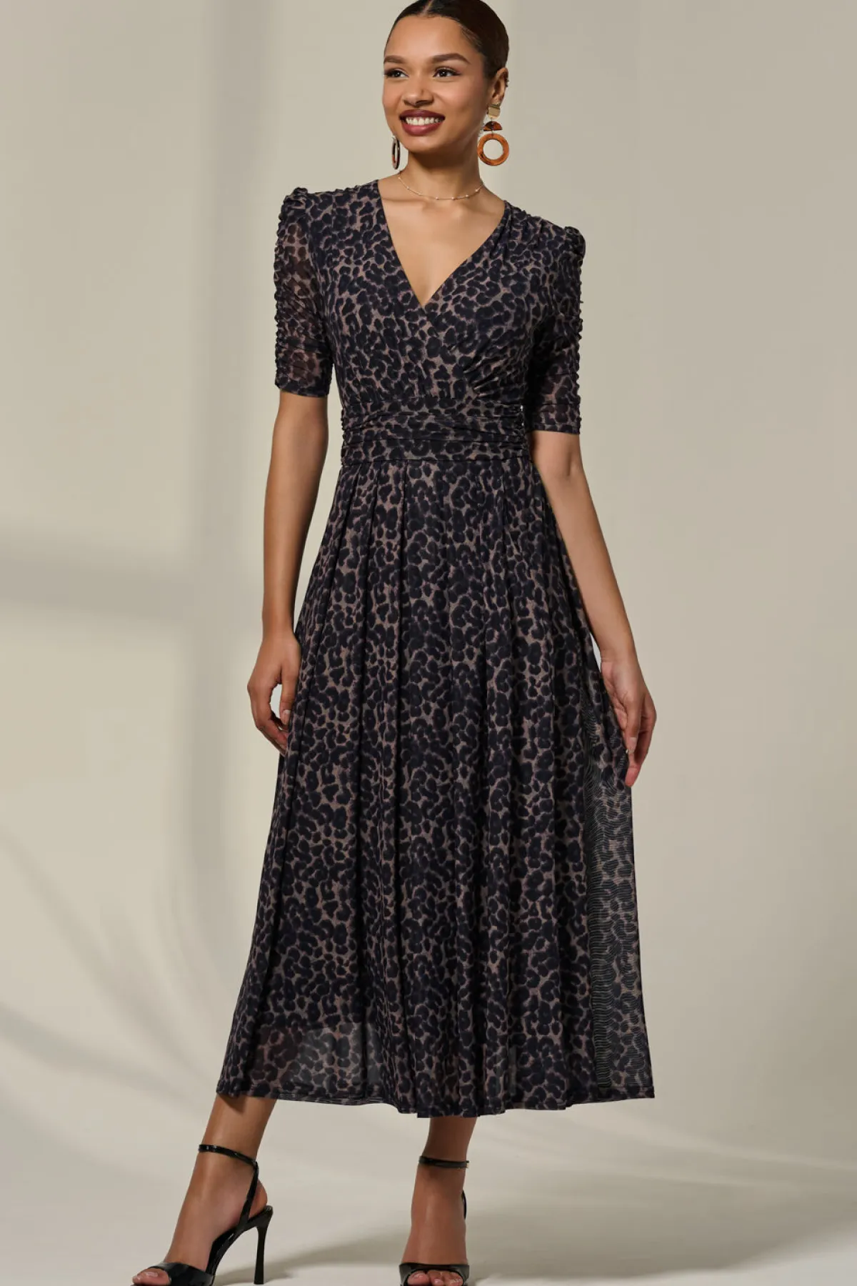 Jolie Moi Occasion Dresses|Mesh Dresses-Ruched Sleeve Mesh Dress, Brown Leopard
