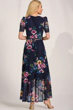 Jolie Moi Mesh Dresses|Maxi Dresses-Ruched Sleeve Mesh Maxi Dress, Navy Floral
