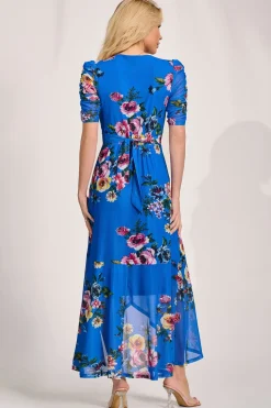 Jolie Moi Occasion Dresses|Mesh Dresses-Ruched Sleeve Mesh Maxi Dress, Royal Blue Floral