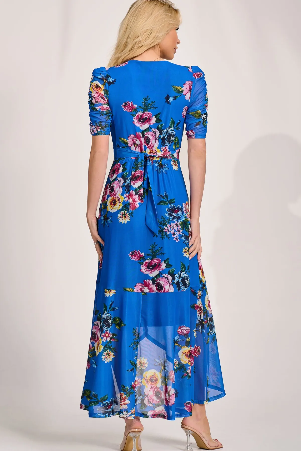 Jolie Moi Occasion Dresses|Mesh Dresses-Ruched Sleeve Mesh Maxi Dress, Royal Blue Floral