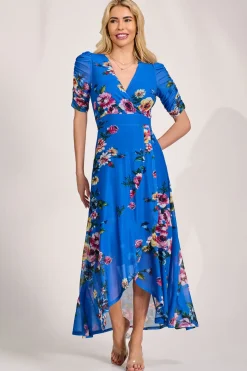 Jolie Moi Occasion Dresses|Mesh Dresses-Ruched Sleeve Mesh Maxi Dress, Royal Blue Floral
