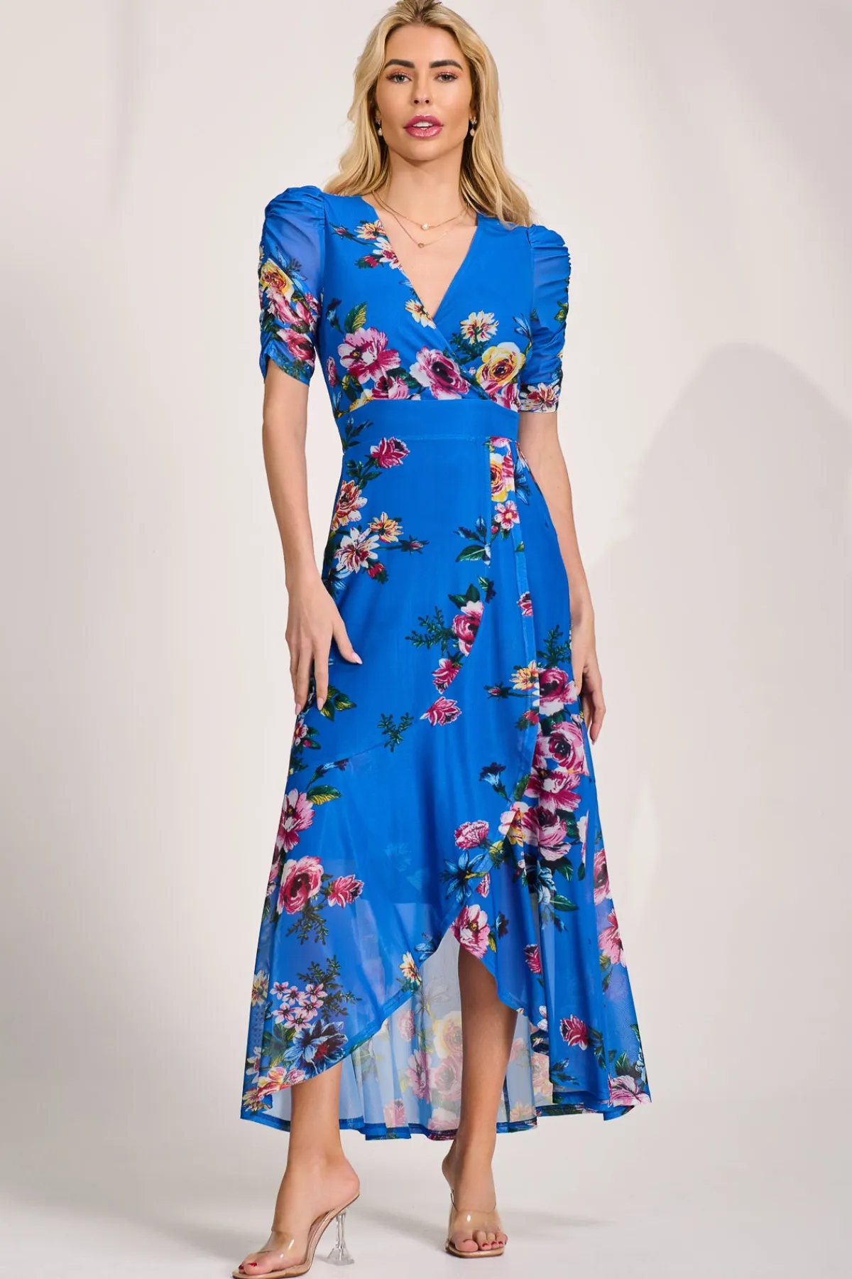 Jolie Moi Occasion Dresses|Mesh Dresses-Ruched Sleeve Mesh Maxi Dress, Royal Blue Floral