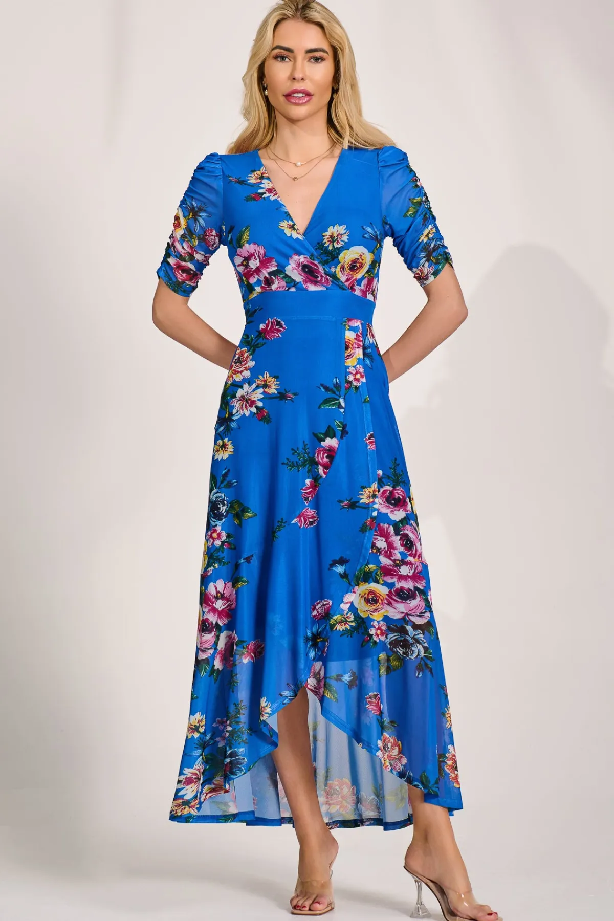 Jolie Moi Occasion Dresses|Mesh Dresses-Ruched Sleeve Mesh Maxi Dress, Royal Blue Floral