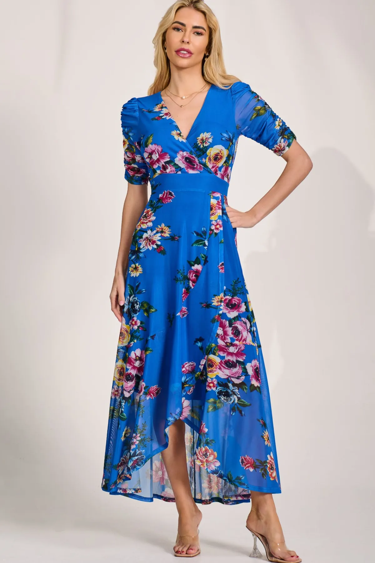 Jolie Moi Occasion Dresses|Mesh Dresses-Ruched Sleeve Mesh Maxi Dress, Royal Blue Floral