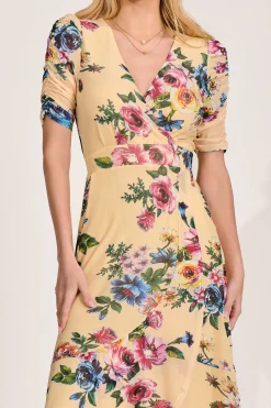 Jolie Moi Mesh Dresses|Maxi Dresses-Ruched Sleeve Mesh Maxi Dress, Yellow Floral