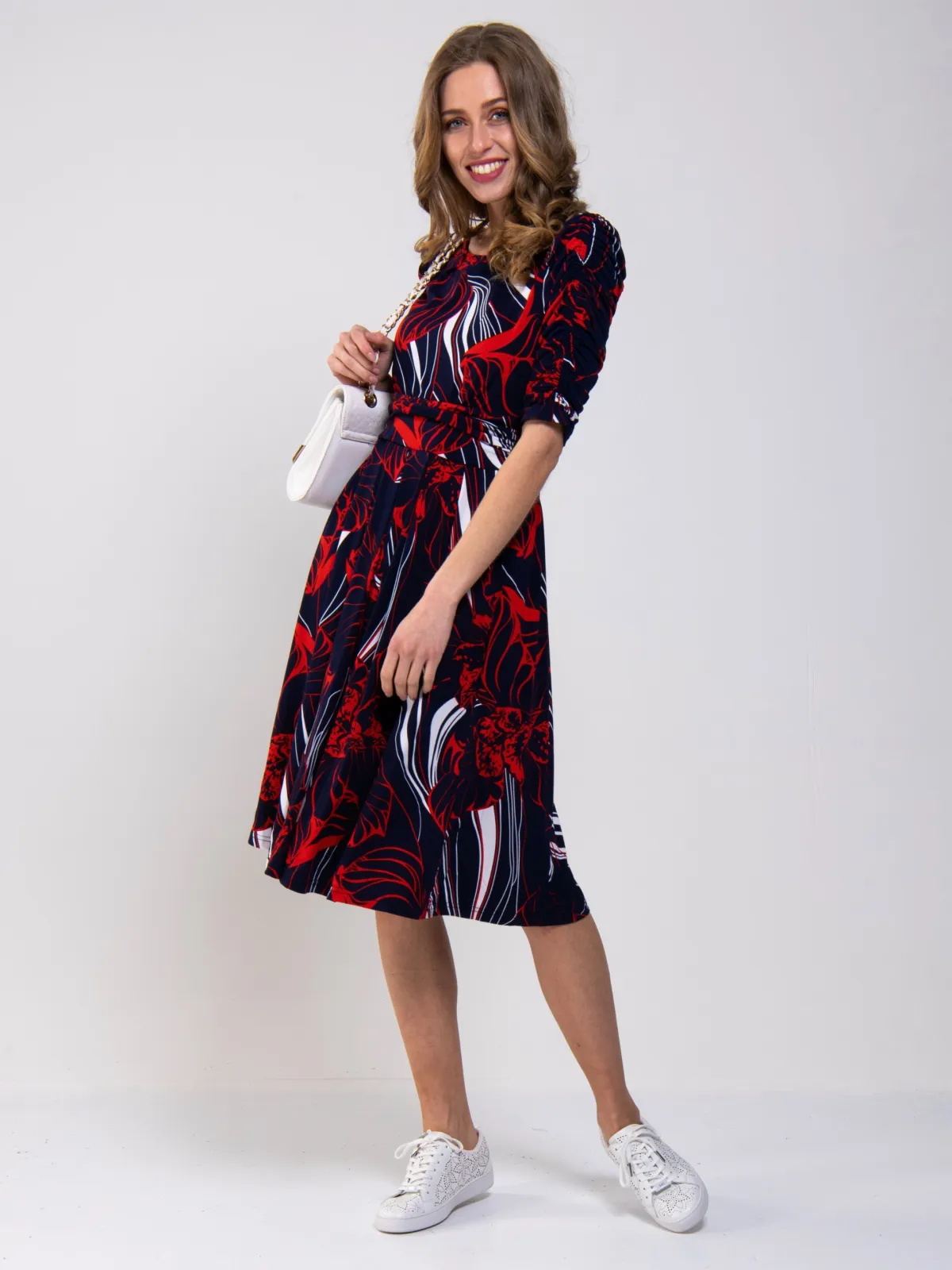 Jolie Moi Jersey Dresses|Weekend Casuals-Ruched Sleeve Print Jersey Midi Dress, Navy Abstract