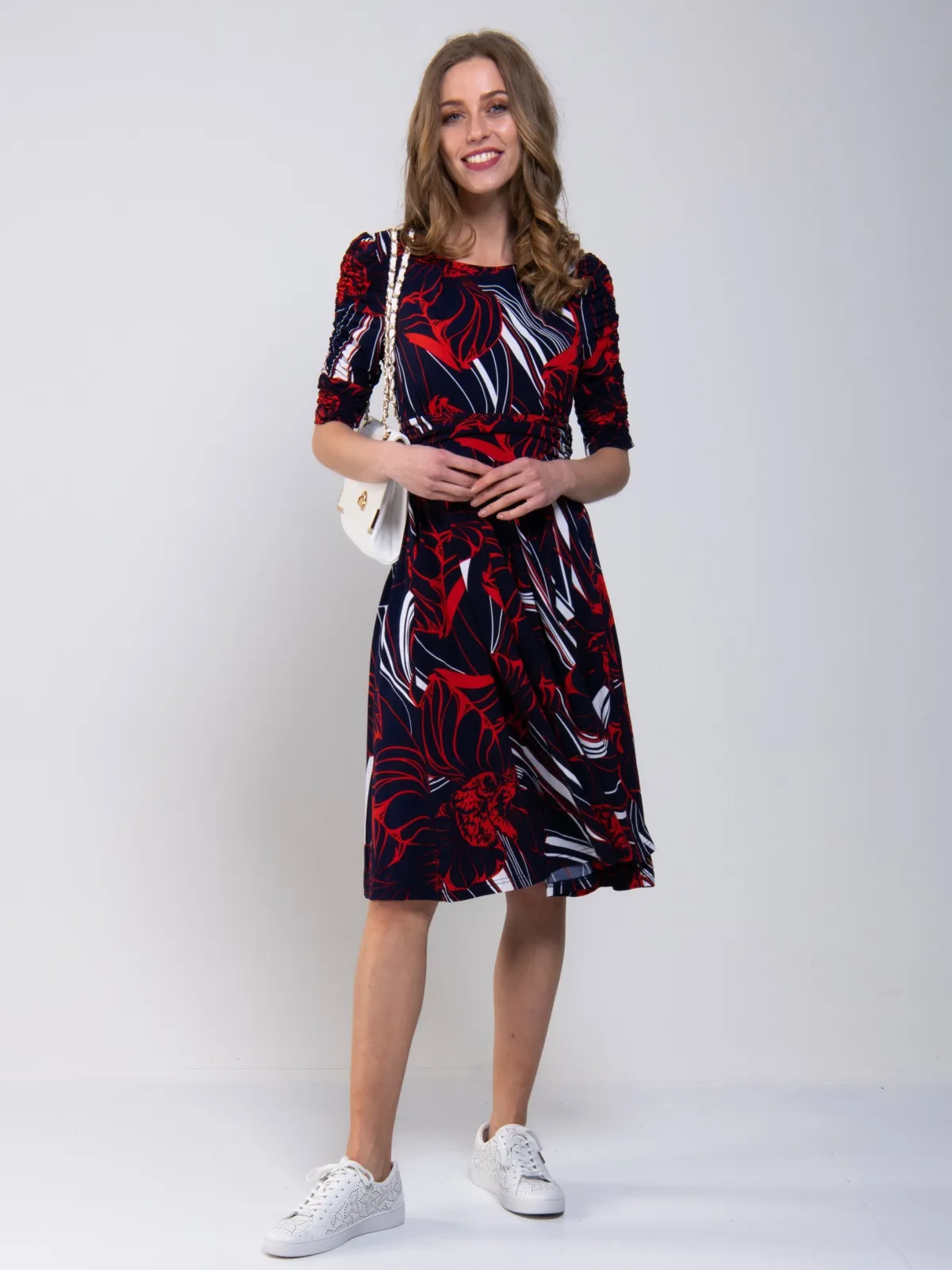 Jolie Moi Jersey Dresses|Weekend Casuals-Ruched Sleeve Print Jersey Midi Dress, Navy Abstract