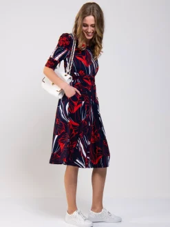 Jolie Moi Jersey Dresses|Weekend Casuals-Ruched Sleeve Print Jersey Midi Dress, Navy Abstract
