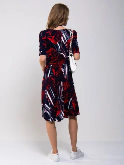 Jolie Moi Jersey Dresses|Weekend Casuals-Ruched Sleeve Print Jersey Midi Dress, Navy Abstract