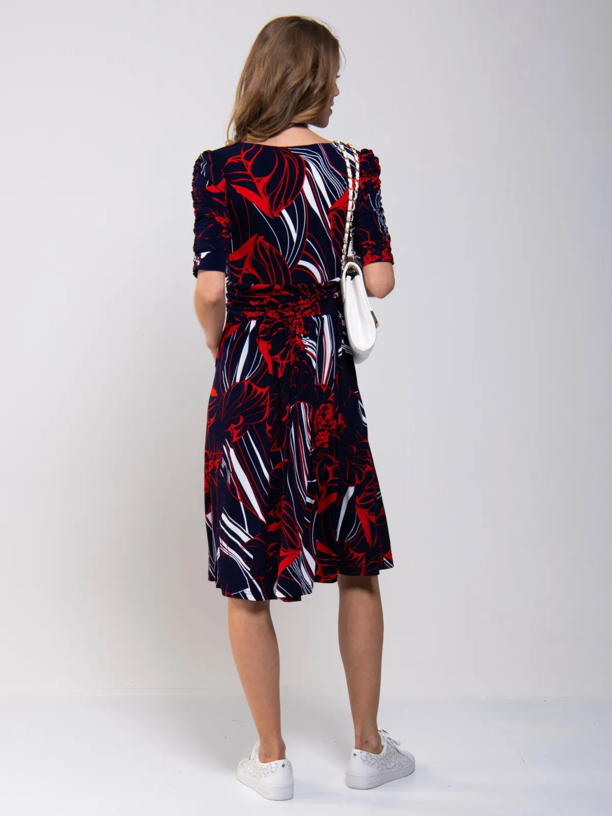 Jolie Moi Jersey Dresses|Weekend Casuals-Ruched Sleeve Print Jersey Midi Dress, Navy Abstract