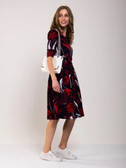 Jolie Moi Jersey Dresses|Weekend Casuals-Ruched Sleeve Print Jersey Midi Dress, Navy Abstract