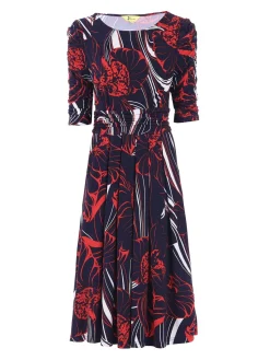 Jolie Moi Jersey Dresses|Weekend Casuals-Ruched Sleeve Print Jersey Midi Dress, Navy Abstract